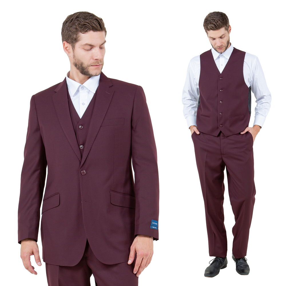 Modern Fit 3pc Wool Mens Suit Set by ZeGarie, Burgundy